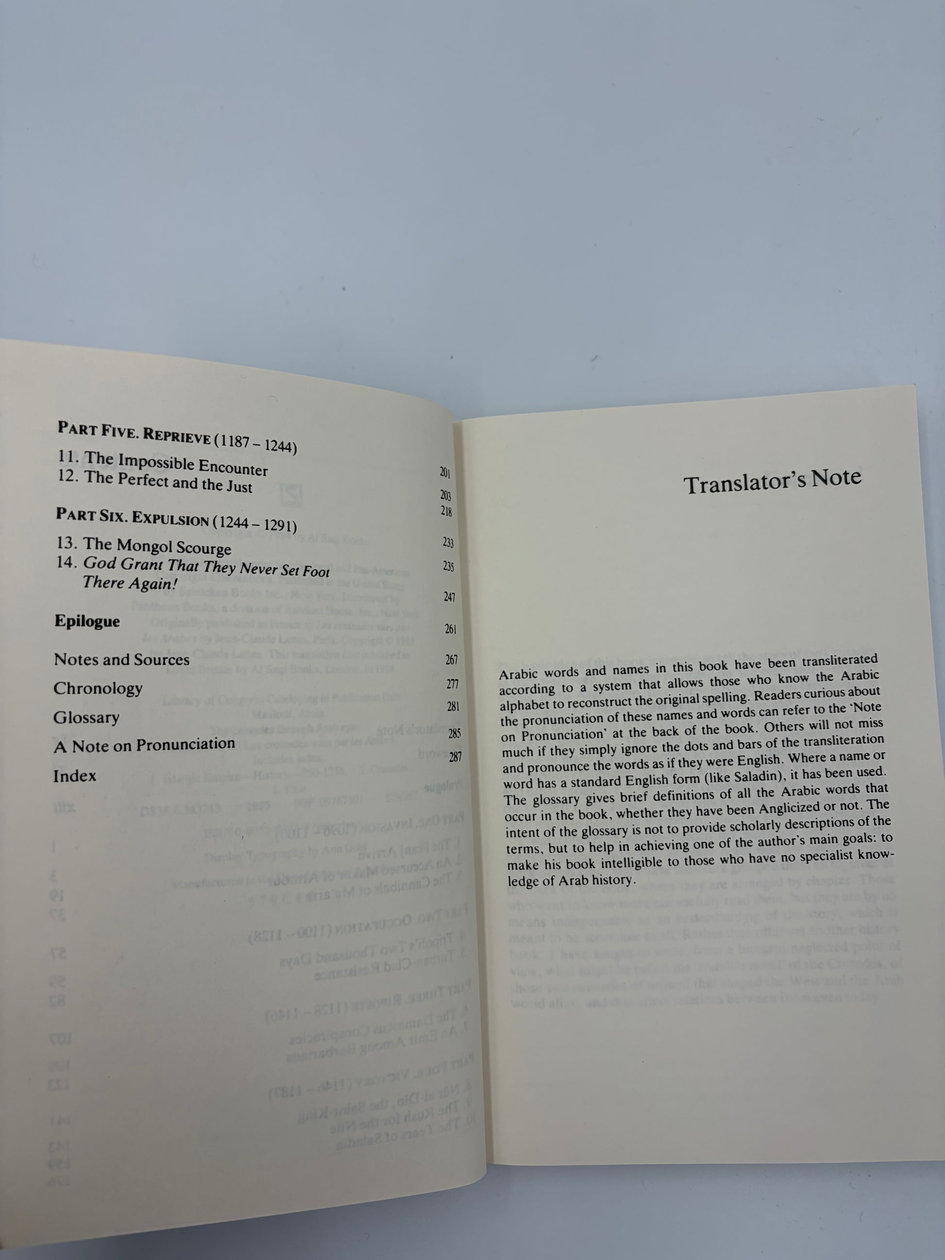 Content page continued and translator’s note page from “The Crusades through Arab eyes”.