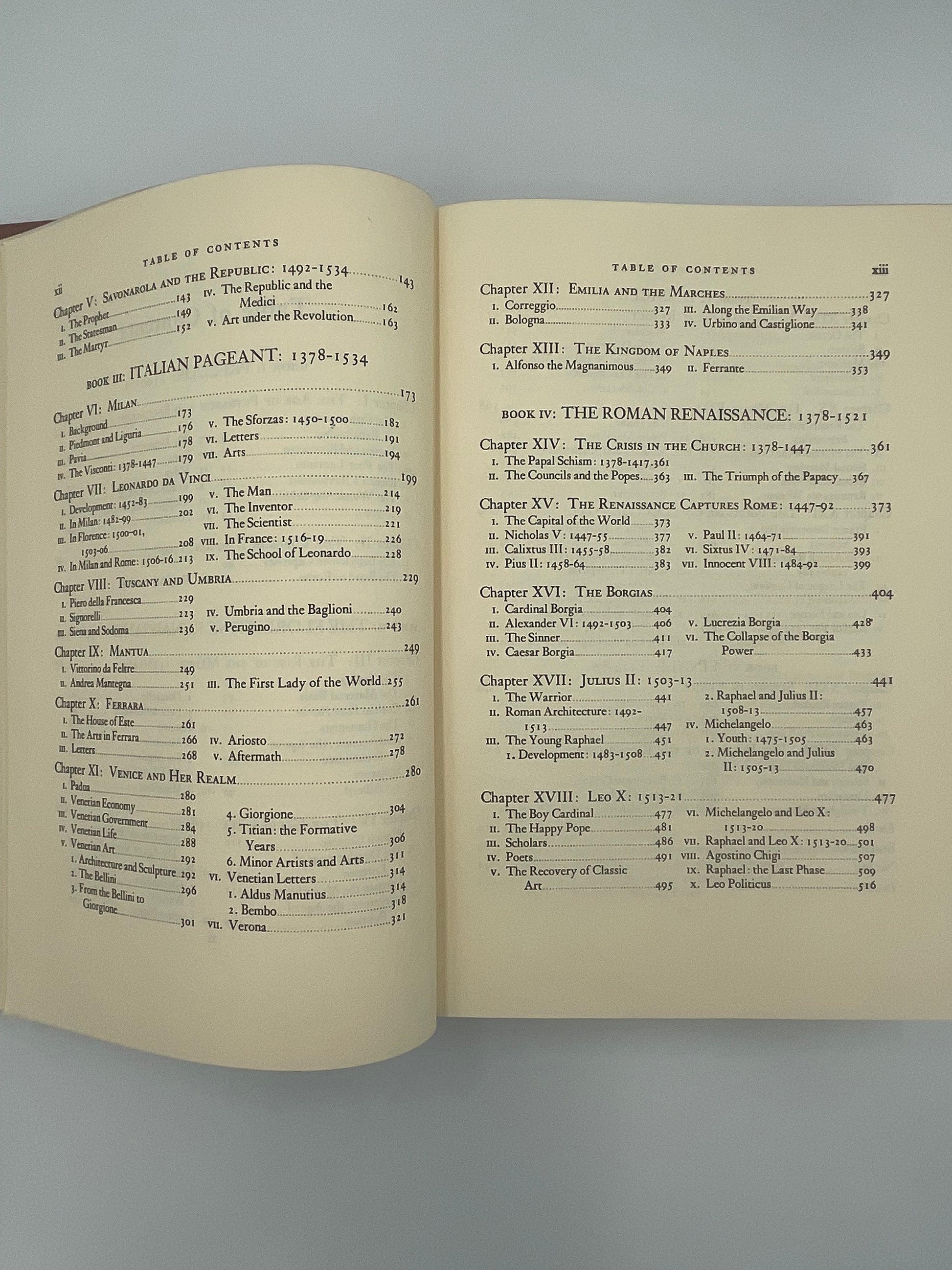 Table of pages continued of ‘The Renaissance’ by Will Durant 