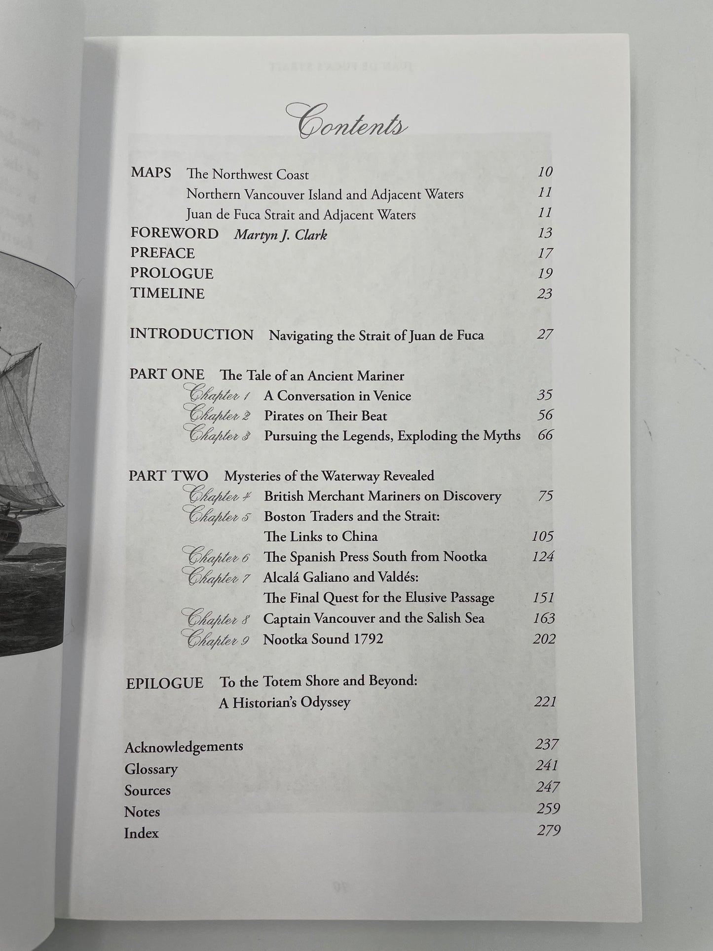 Table of contents page of ‘Juan de Fuca's Strait’ by Barry Gough