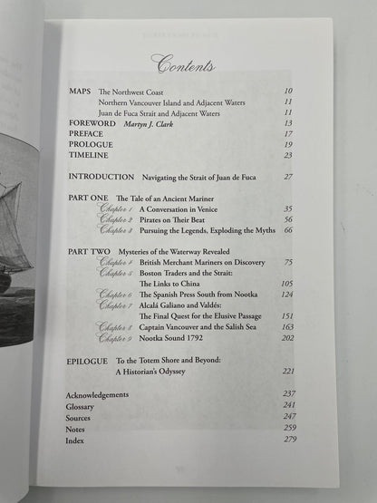 Table of contents page of ‘Juan de Fuca's Strait’ by Barry Gough