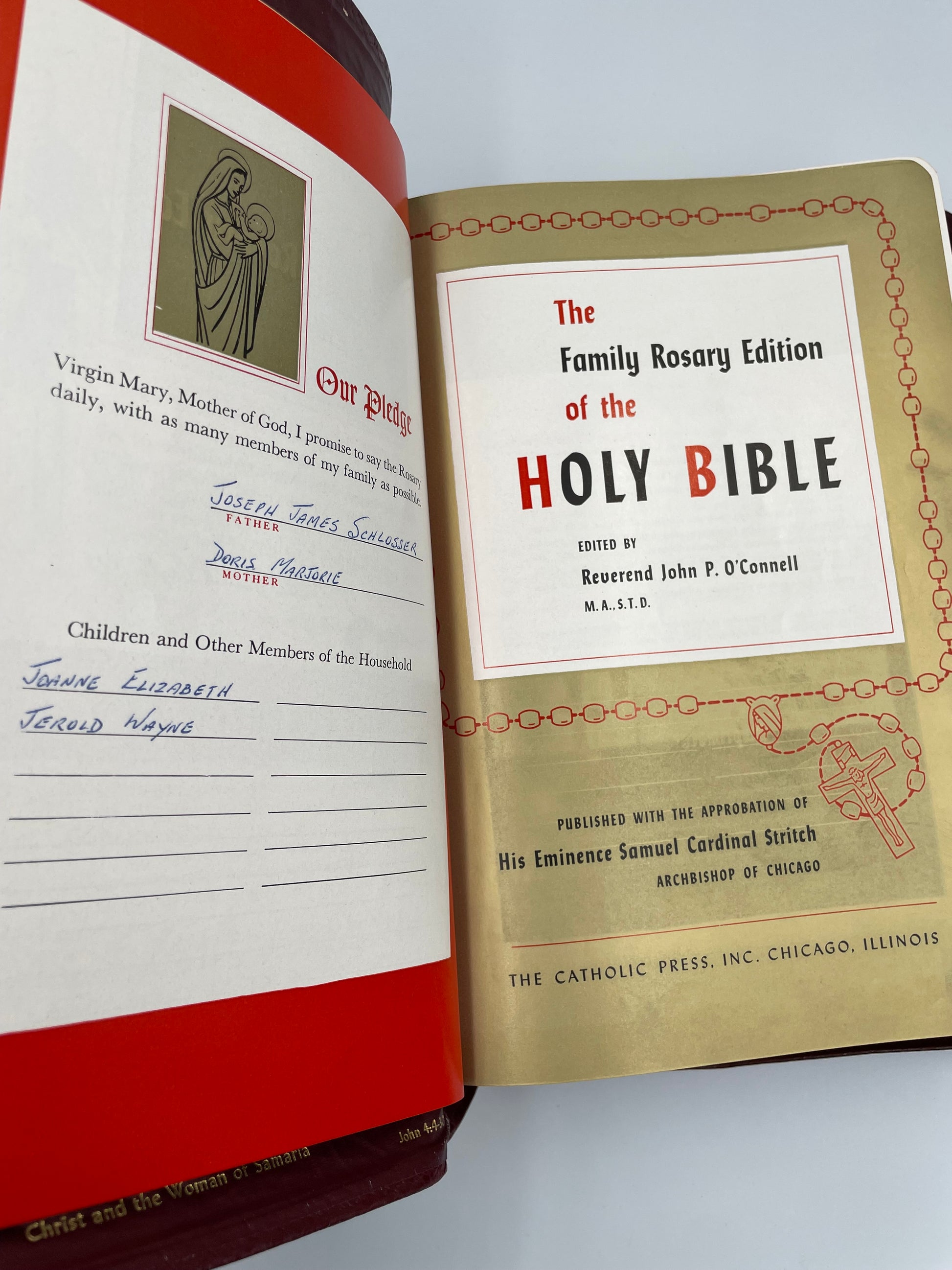 Open pages with pledge from former owners of this bible'.