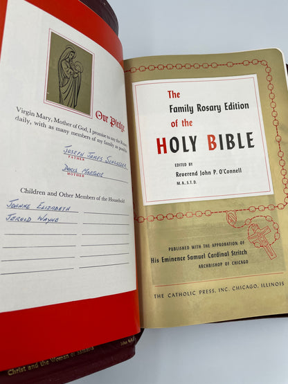 Open pages with pledge from former owners of this bible'.