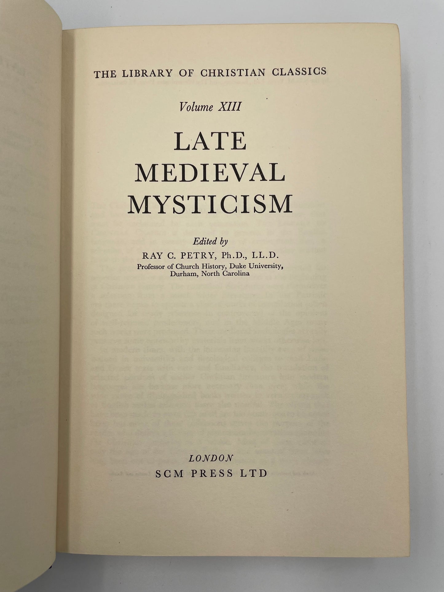 Book title page of 'Late Medieval Mysticism' from The Library of Christian Classics, Volume XIII, edited by Ray C. Petry.