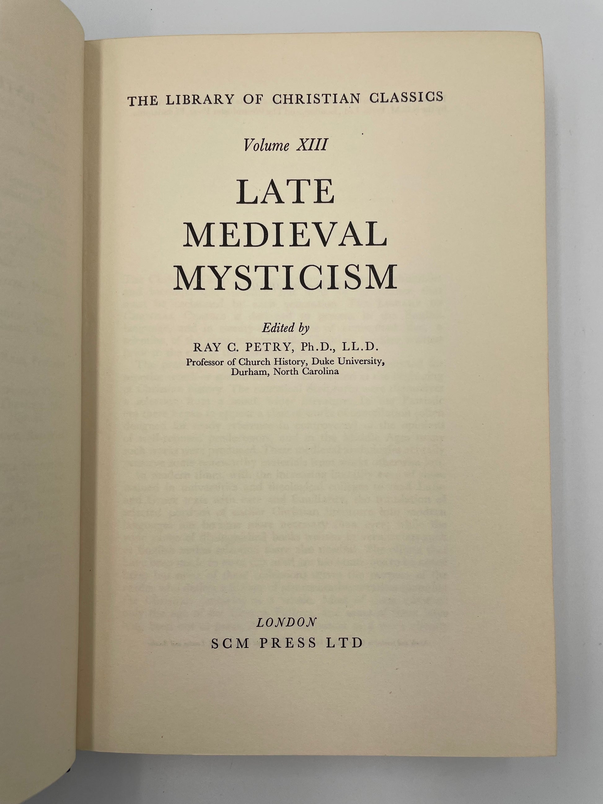 Book title page of 'Late Medieval Mysticism' from The Library of Christian Classics, Volume XIII, edited by Ray C. Petry.