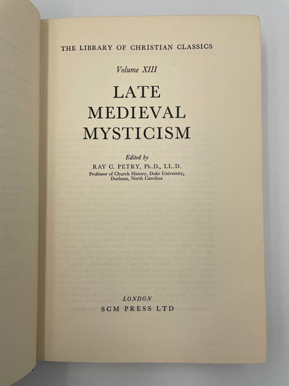 Book title page of 'Late Medieval Mysticism' from The Library of Christian Classics, Volume XIII, edited by Ray C. Petry.