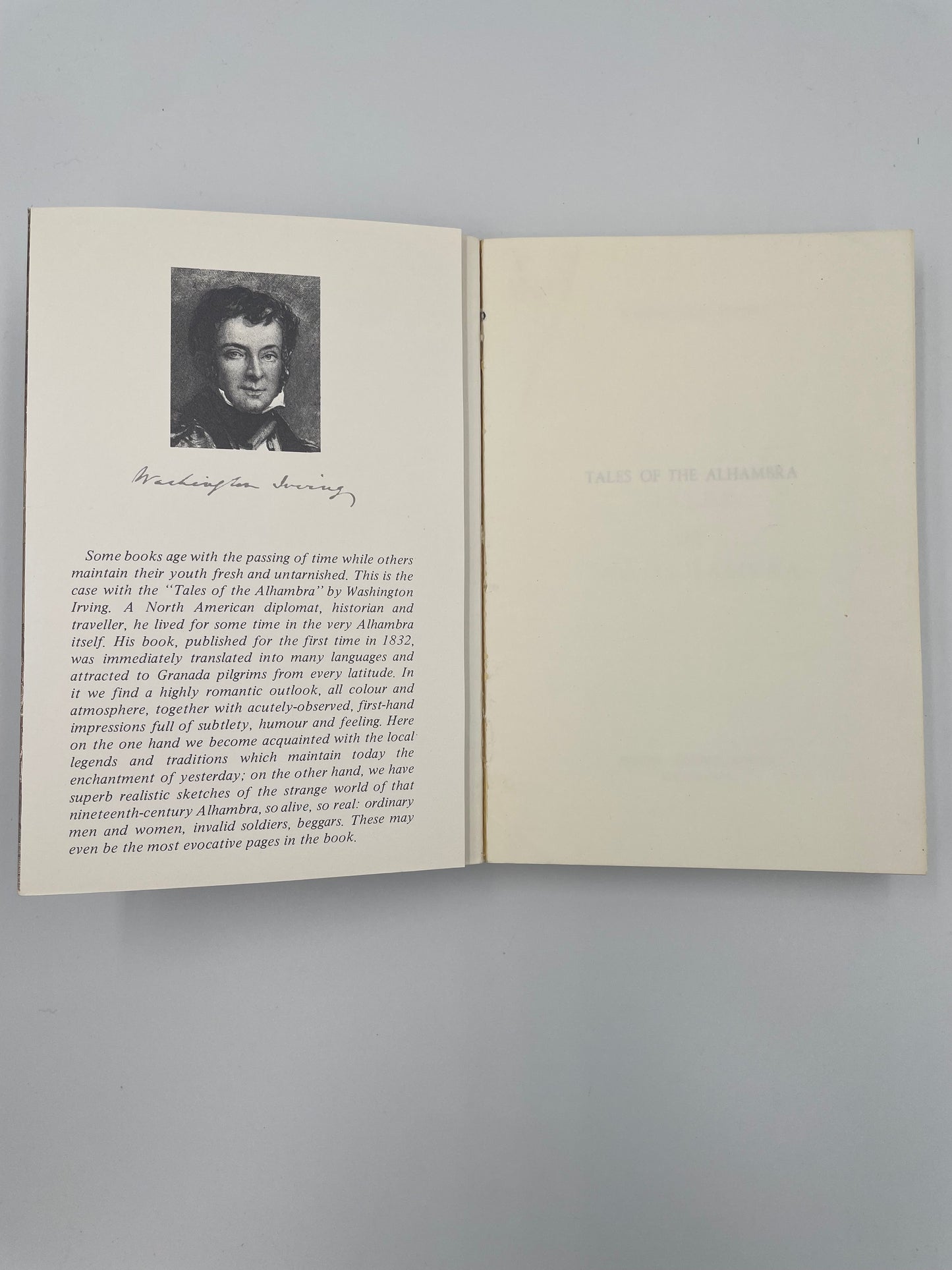 Inside book cover with publisher's note of 'Tales of the Alhambra' by Washington Irving.