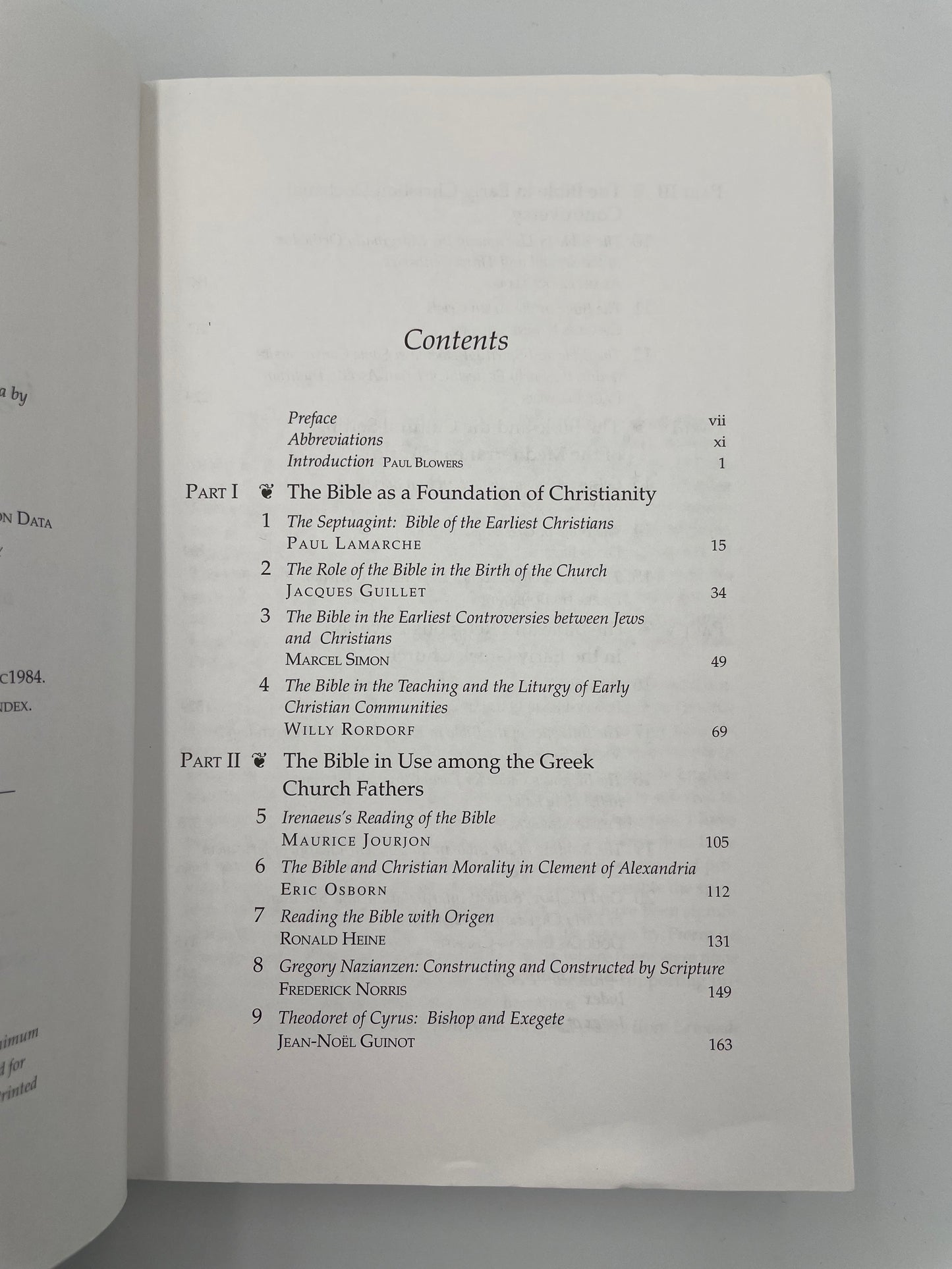 Table of contents page from 'The Bible in Greek Christian Antiquity'.