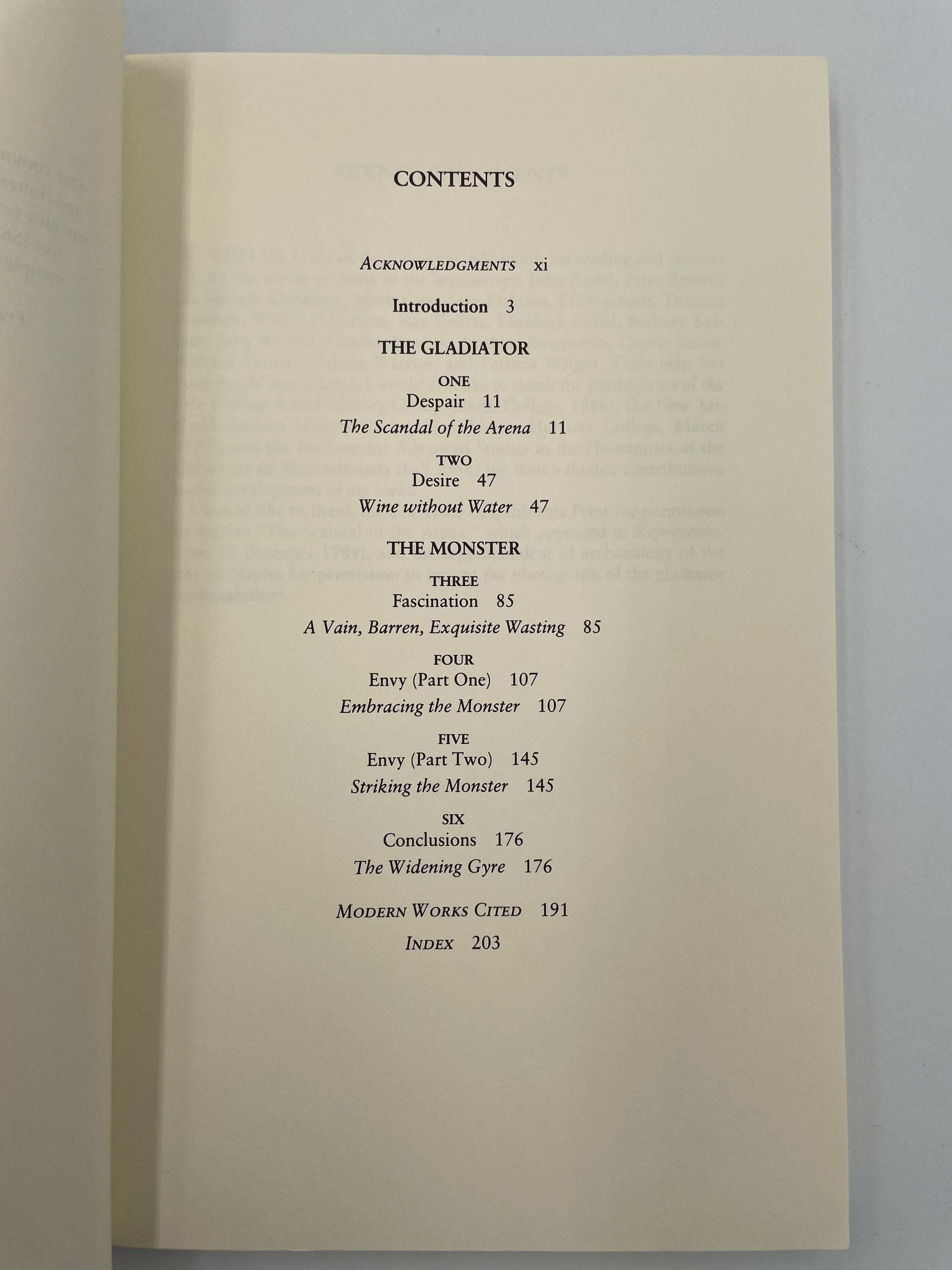 Table of contents page from 'The Sorrows of the Ancient Romans: The Gladiator and the Monster' by Carlin A. Barton.