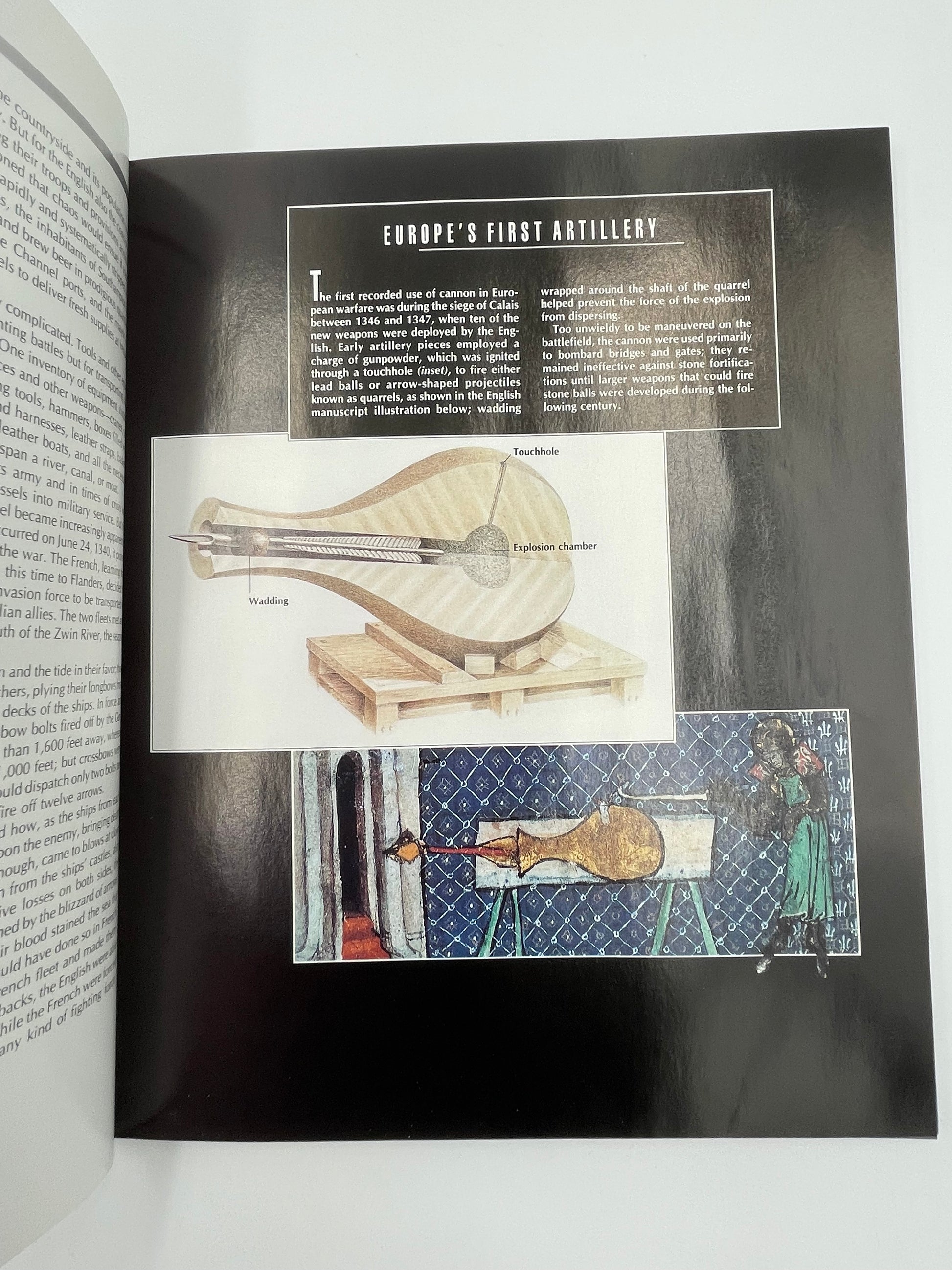 Inside page of book  'Time Frame A.D. 1300-1400' with illustrations and text on a white background
