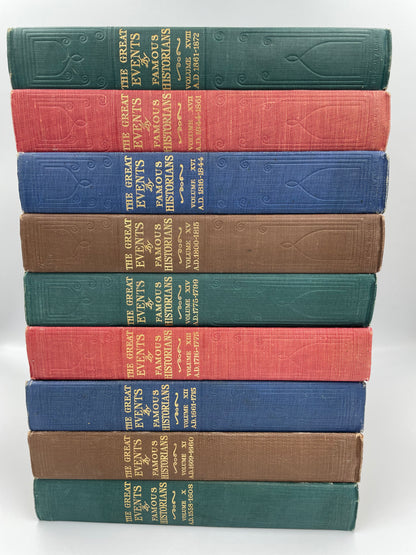 Stacked up book spine view of volumes 10 to 18 of "The Great Events by Famous Historians" 1905 Edition (Volumes 1 to 18)