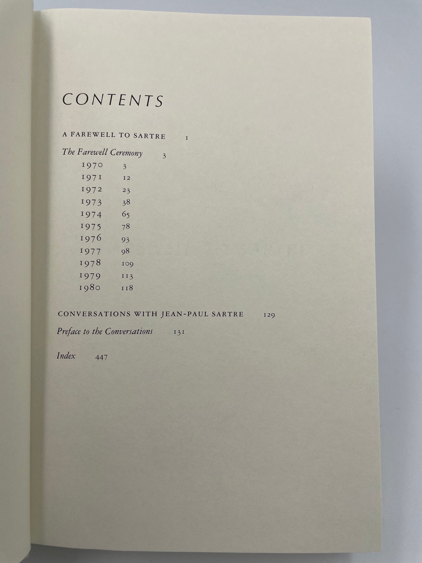 Table of contents page from ‘Adieux: A Farewell to Sarte’ by Simone de Beauvoir