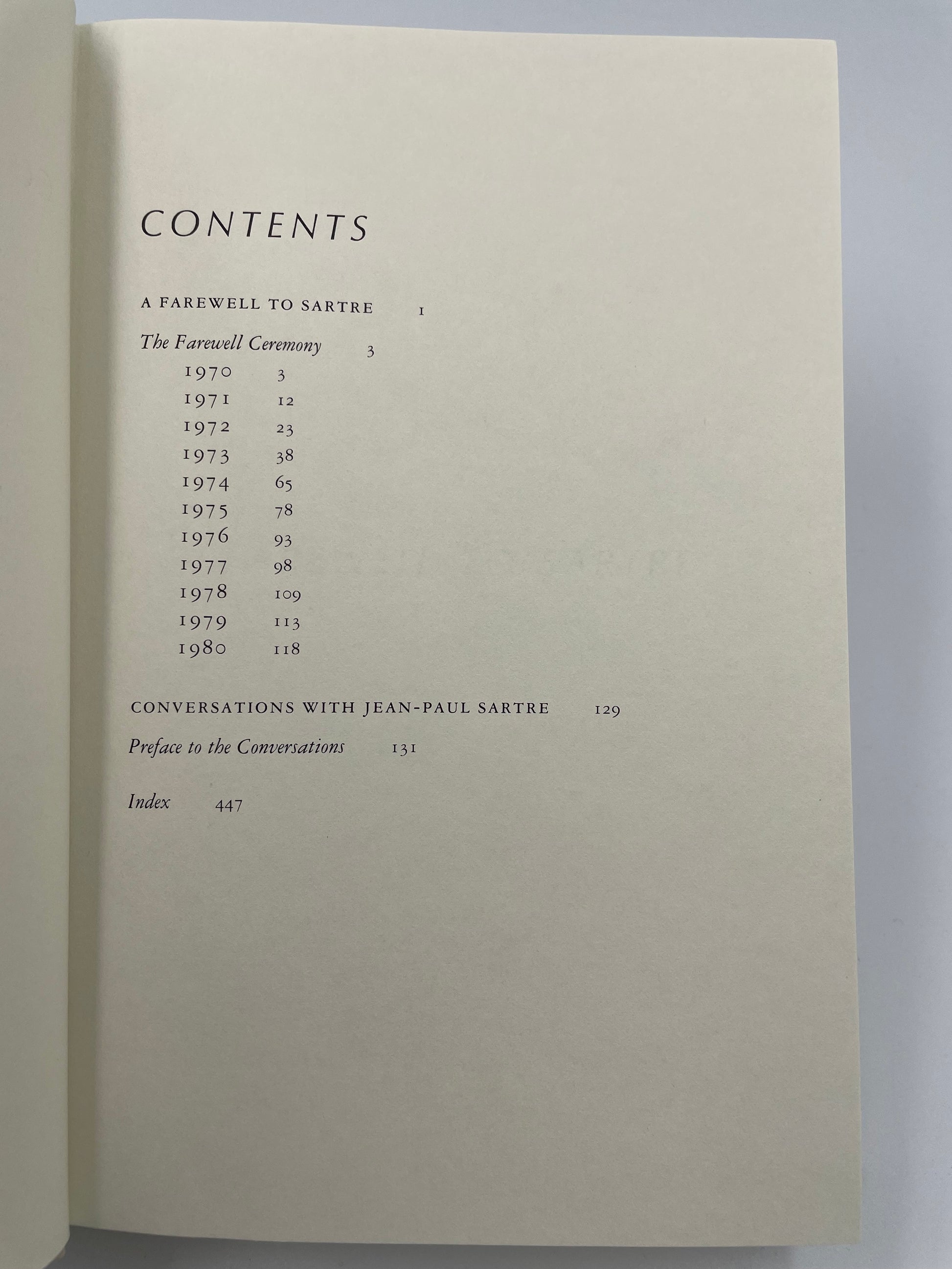 Table of contents page from ‘Adieux: A Farewell to Sarte’ by Simone de Beauvoir