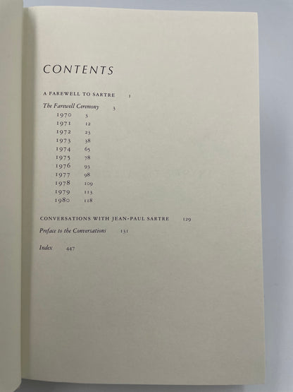 Table of contents page from ‘Adieux: A Farewell to Sarte’ by Simone de Beauvoir