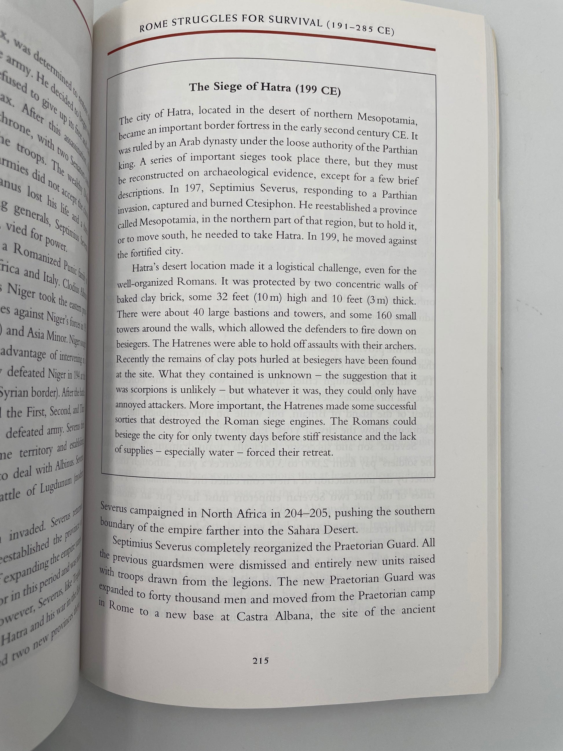 Page 215 with information about the battle of Hatra in 199 CE from ‘Roman Warfare’ by Jonathan P. Roth.