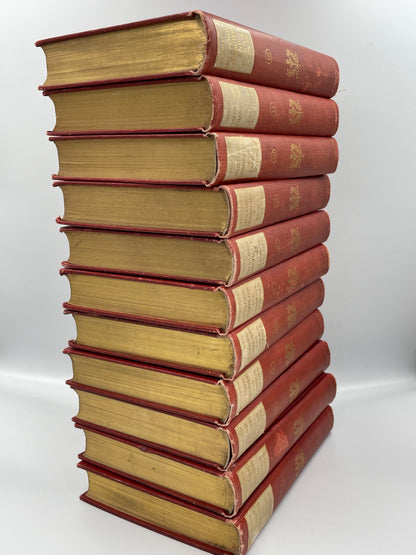 Stacked book volumes of "The Library Edition of Historic Characters and Famous Events" (1905) 11 Volume set. Edited by J.B.Millet.