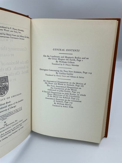 Contents page from "Gilbert, Galileo, Harvey" (The Great Books of the Western World by Encyclopedia Britannica). 1952