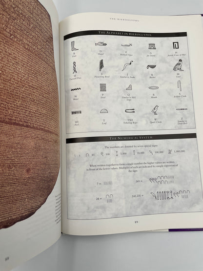 Open page book with image of Rosetta Stone on the left and hieroglyphics on the right from ‘Egyptology: An Introduction to the History, Culture, and Art of Ancient Egypt’ by James Putnam.
