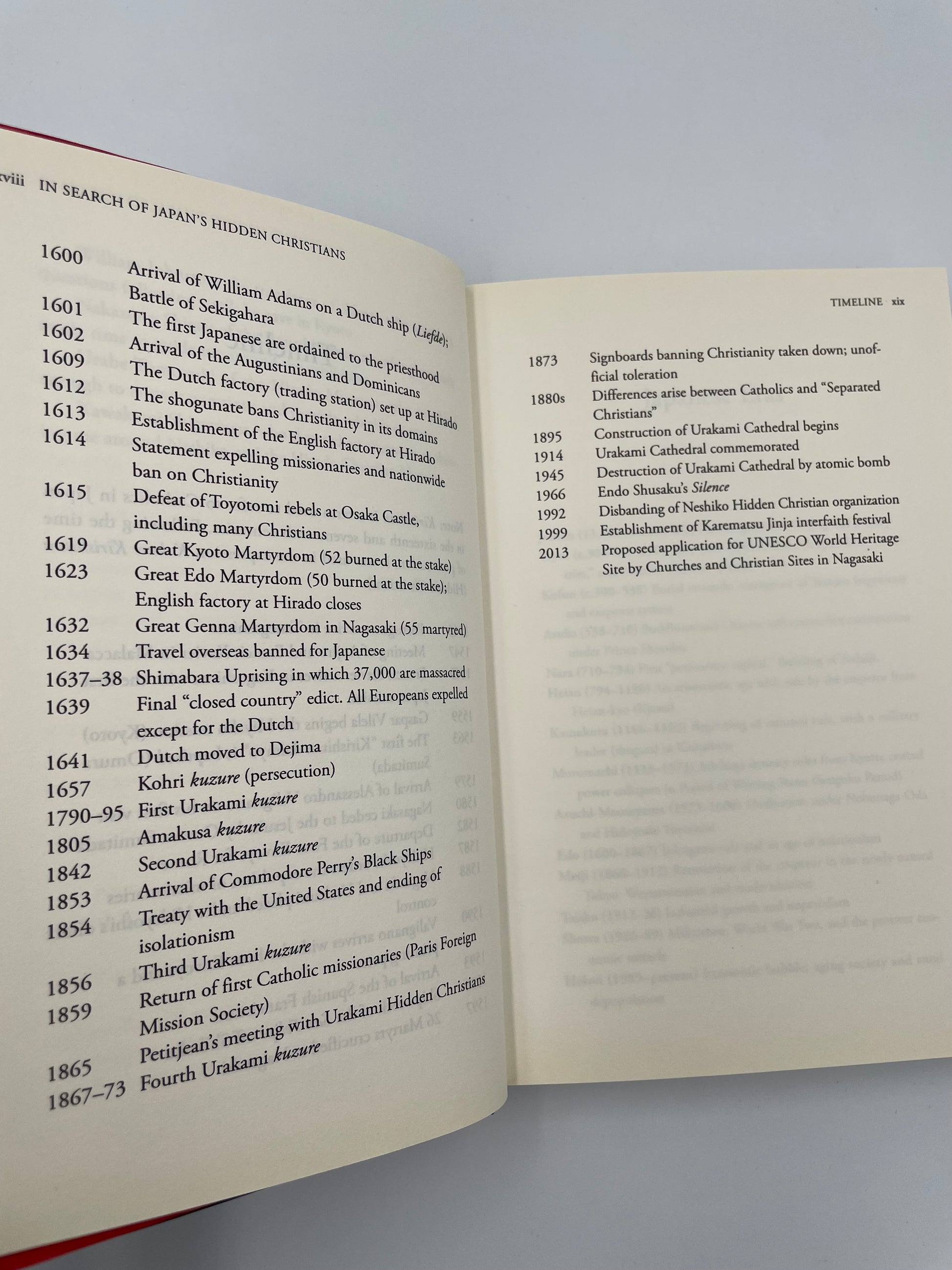 Open pages of timeline continued from 'In Search of Japan’s Hidden Christians' by John Dougill.
 