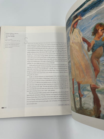 Open book with a painting on the right page and text on the left page.
