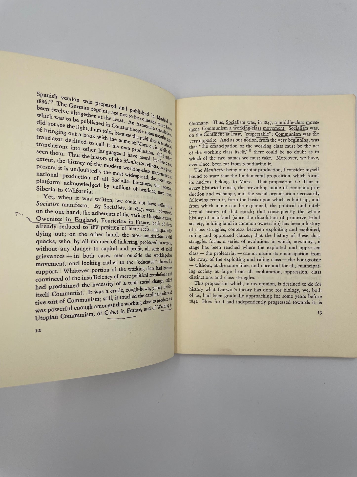 Pages 12,13 with underlines from Manifesto of the Communist Party by Karl Marx and Frederick Engels