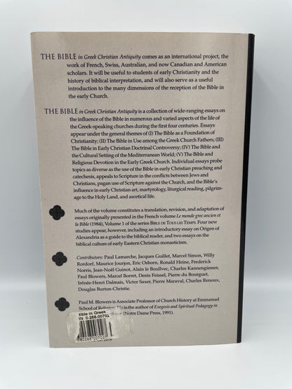 Back book cover of 'The Bible in Greek Christian Antiquity'.