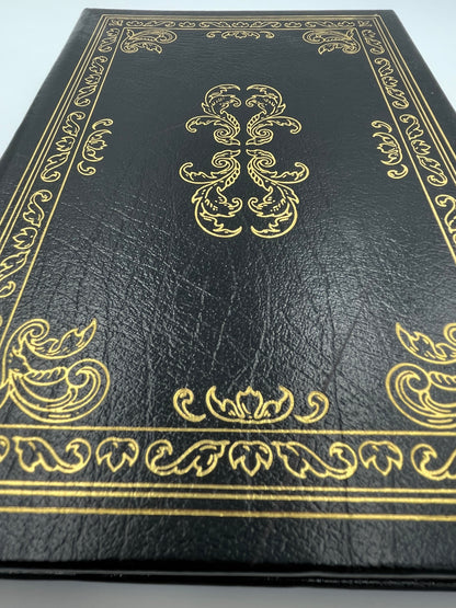 Detail of leather bound book cover of "The Life and Opinions of Tristram Shandy" by Laurence Sterne (Collector's Edition 1980)