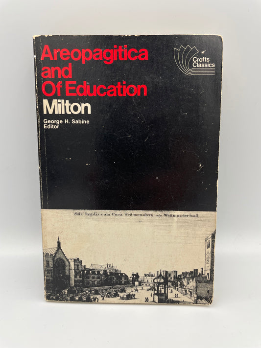 Book titled 'Areopagitica and Of Education' by Milton on a white background