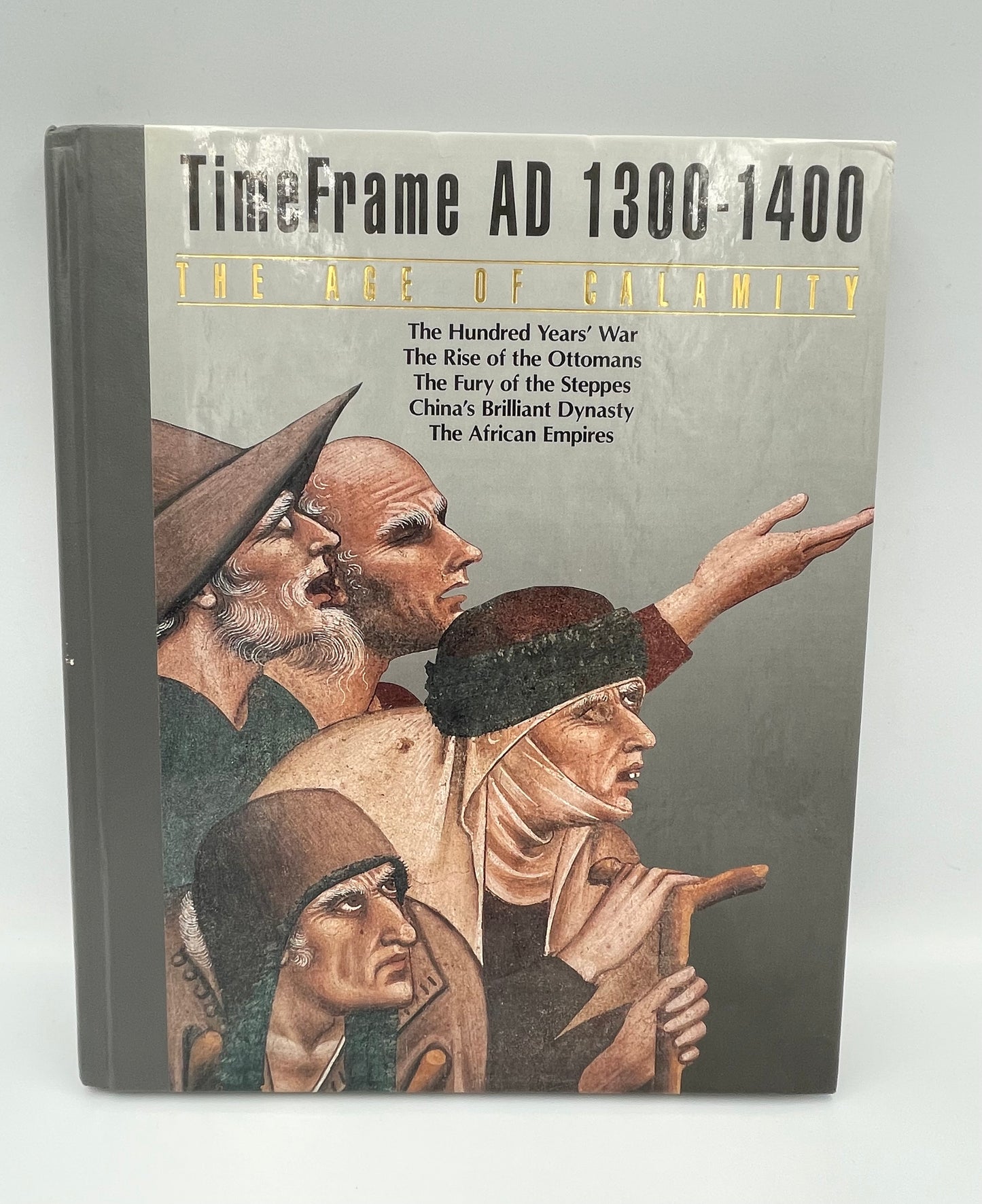 Book cover titled 'TimeFrame AD 1300-1400' with illustrations of people on a gray background