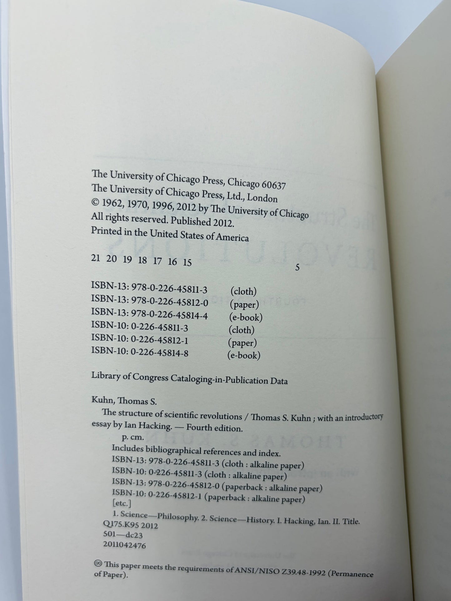 Copyright page from 'The Structure of Scientific Revolutions' by Thomas S. Kuhn.