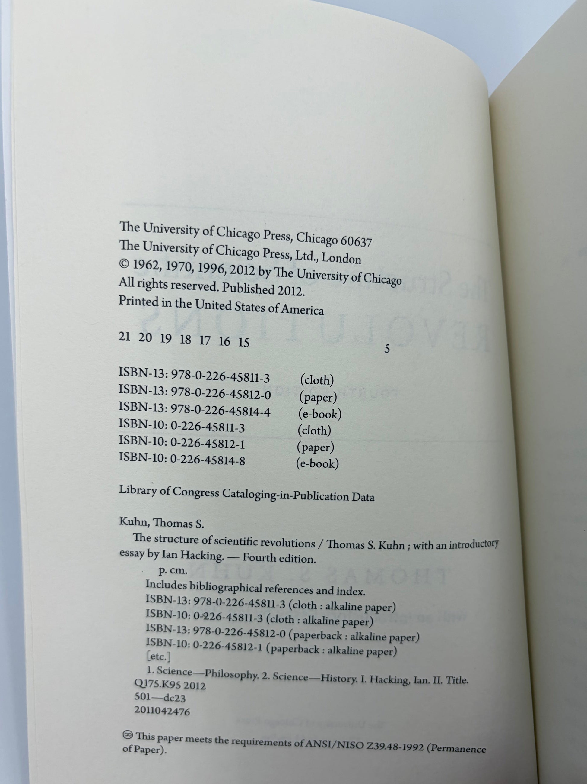 Copyright page from 'The Structure of Scientific Revolutions' by Thomas S. Kuhn.