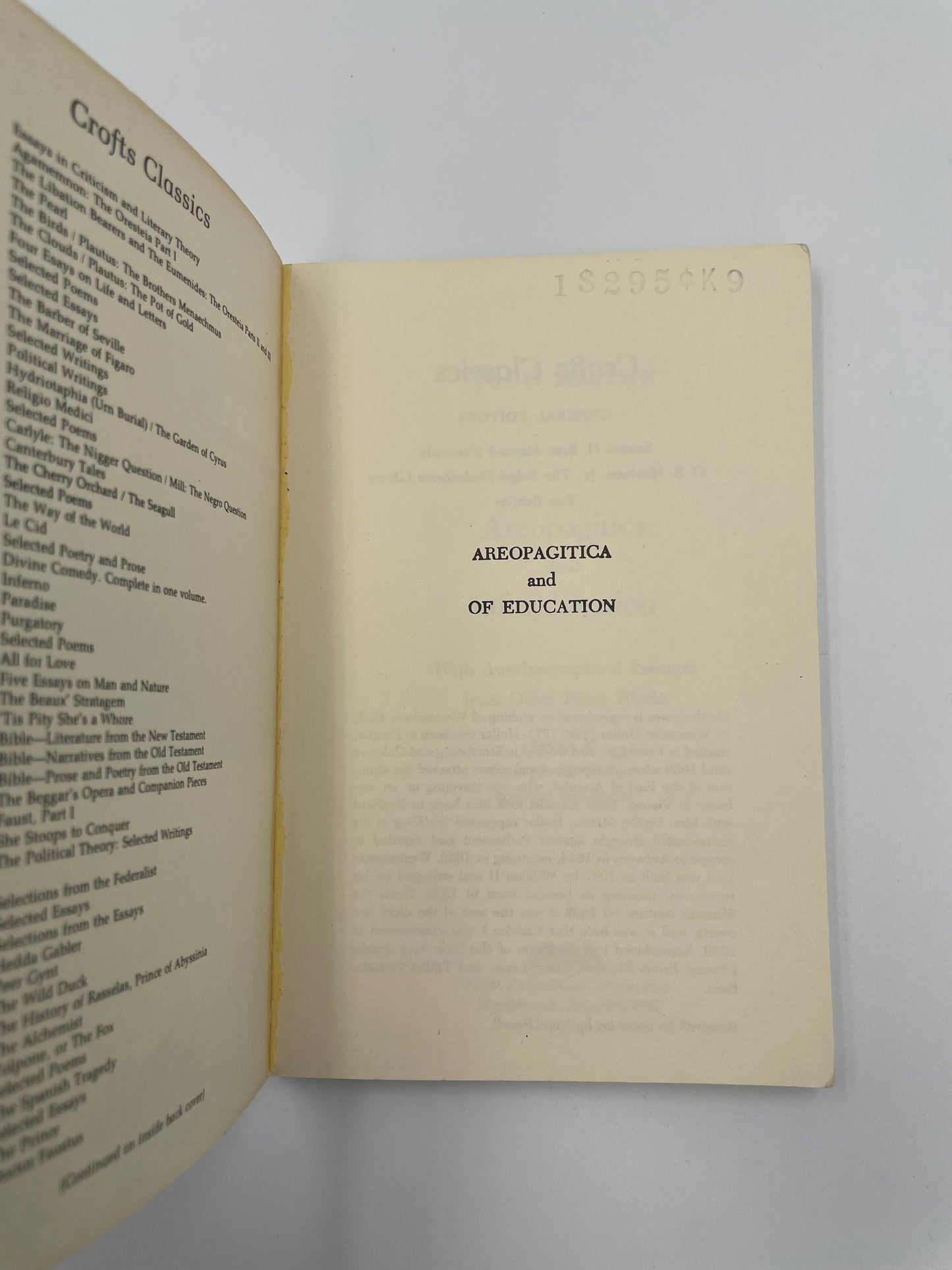 Title page of 'Areopagitica and Of Education' by Milton 