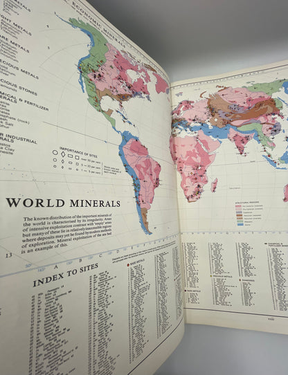 Times Atlas of the world 1968 Edition inside open book with world minerals 