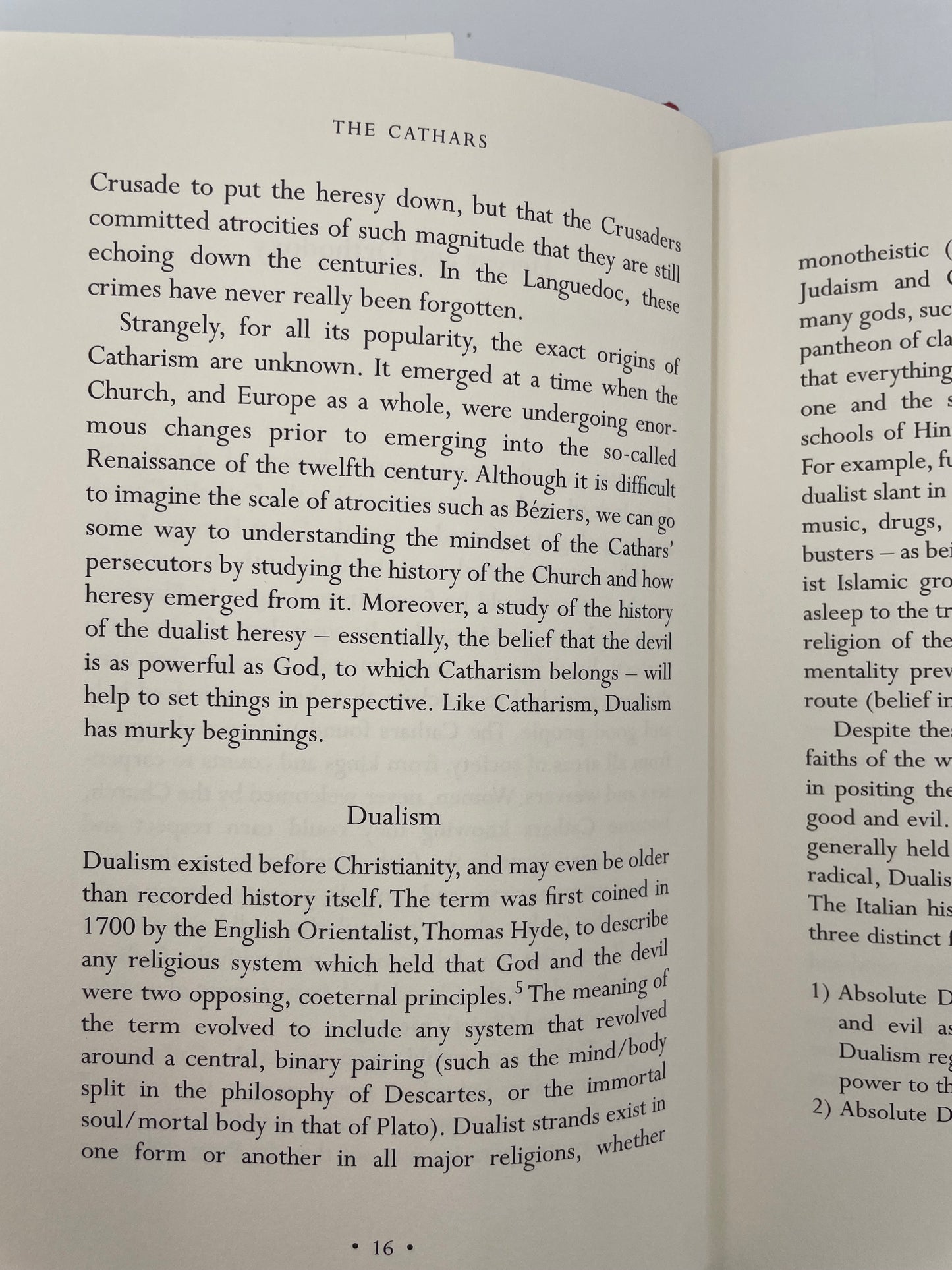 Random page 16 on dualism from 'The Cathars: The Most Successful Heresy of the Middle Ages' by Sean Martin.