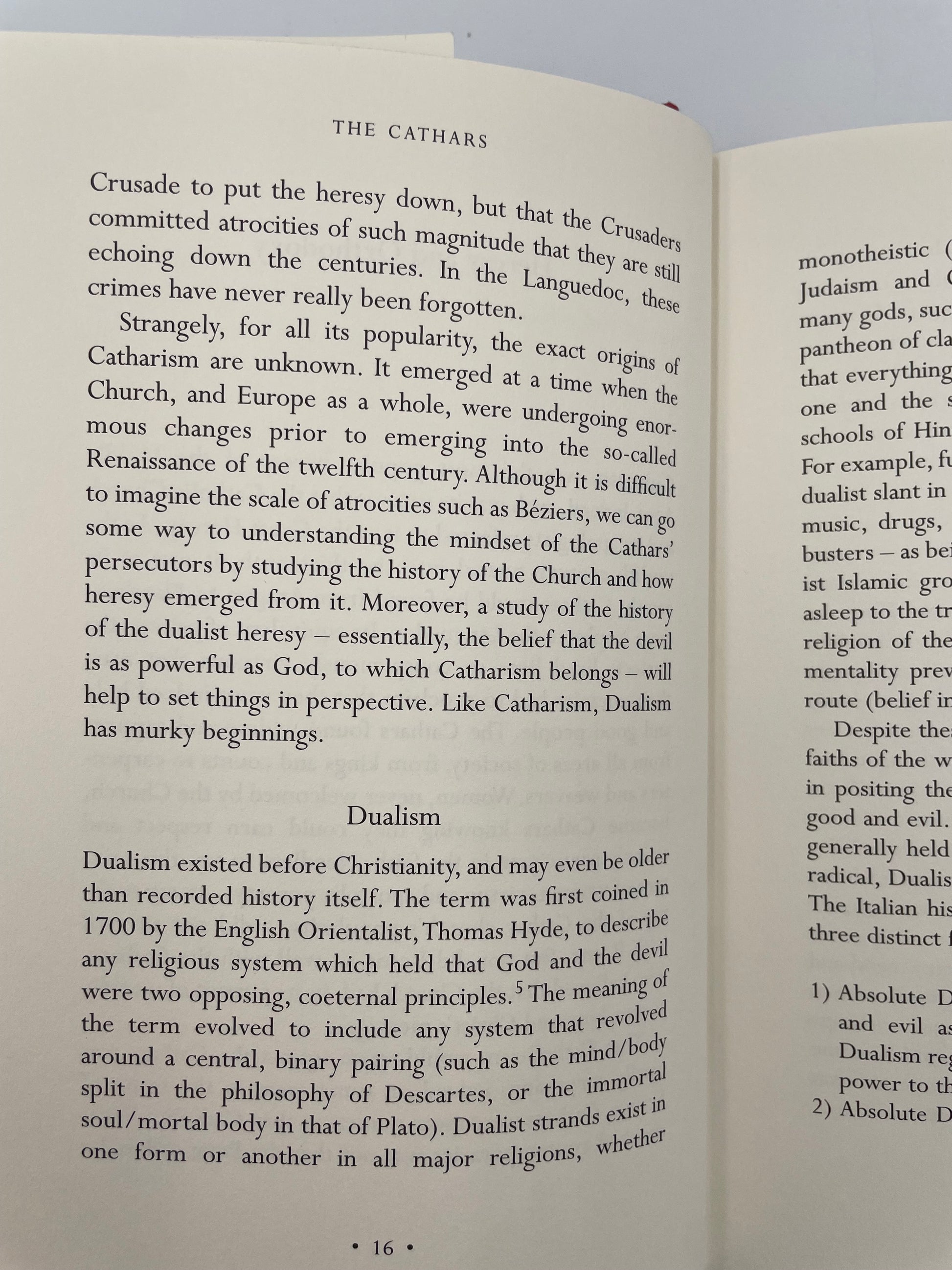 Random page 16 on dualism from 'The Cathars: The Most Successful Heresy of the Middle Ages' by Sean Martin.