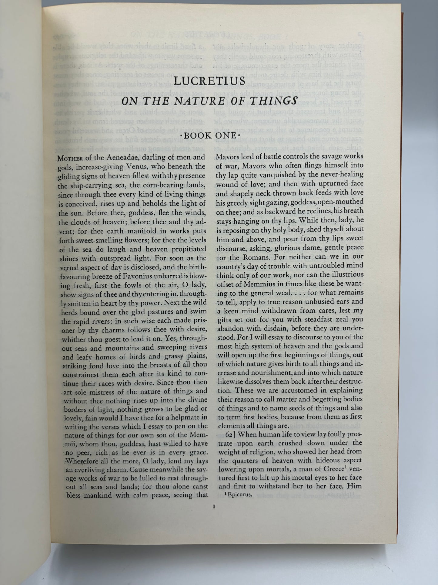 Page 1, titled Book One, 'Lucretius On the Nature of Things' from 'Lucretius, Epictetus and Marcus Aurelius'.