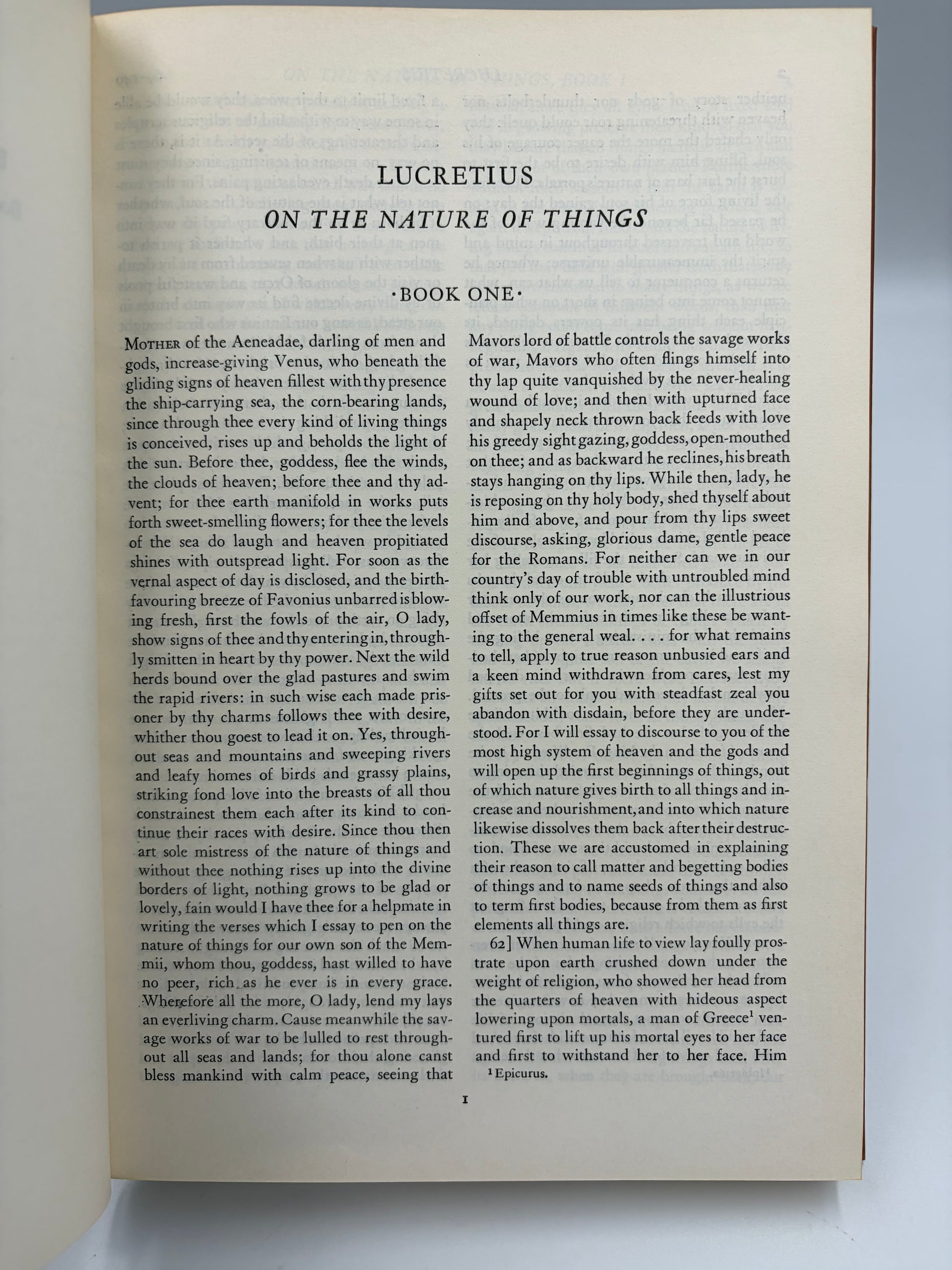 Page 1, titled Book One, 'Lucretius On the Nature of Things' from 'Lucretius, Epictetus and Marcus Aurelius'.