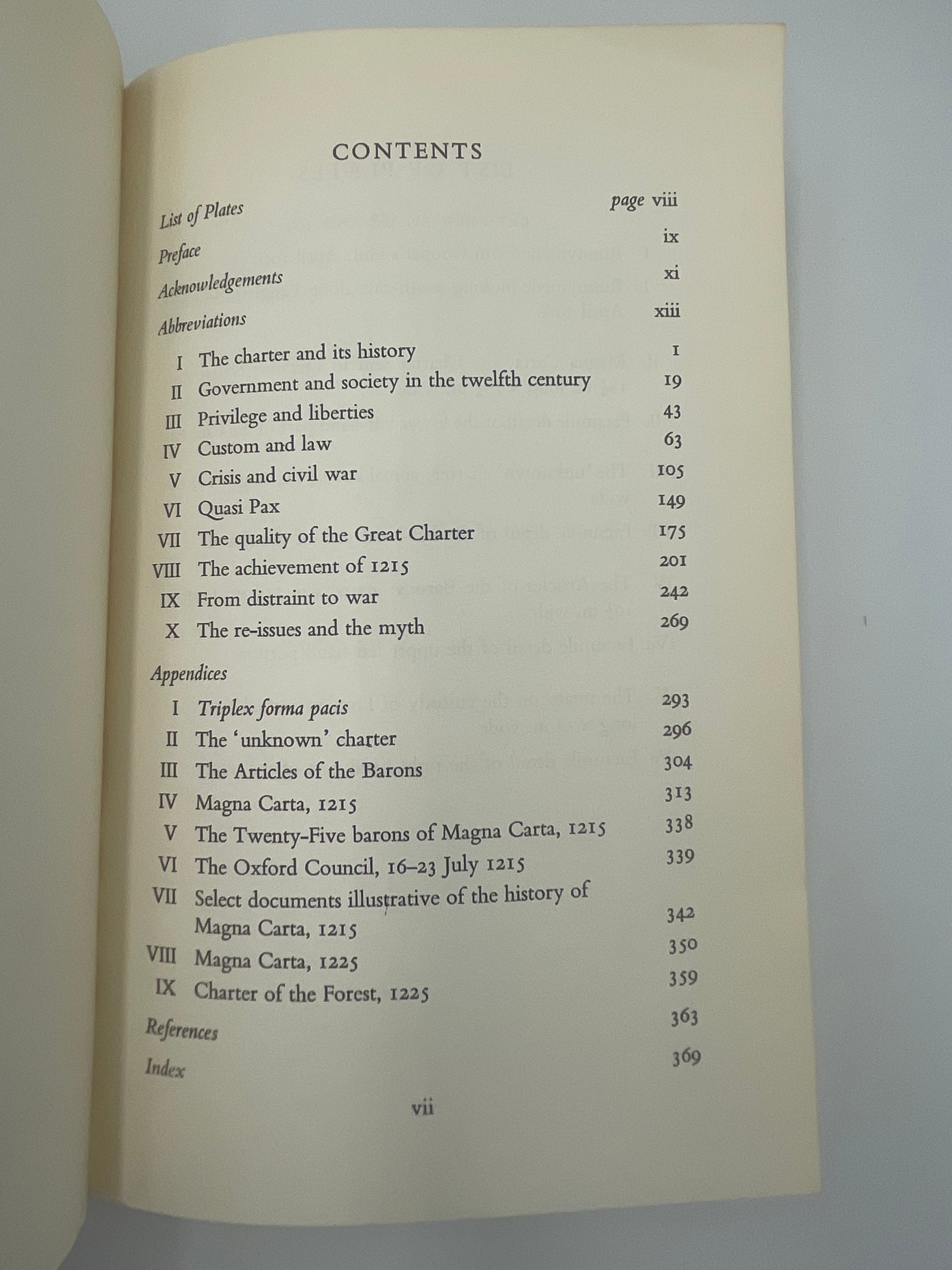 Contents page of ‘Magna Carta’ by J.C.Holt