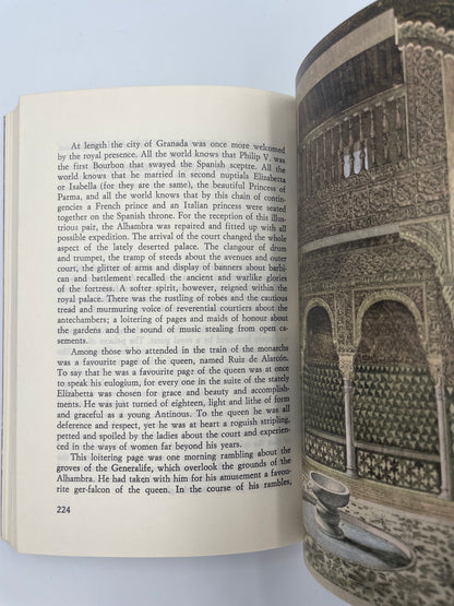 Random page 224 with text and 223 of palace interior from 'Tales of the Alhambra' by Washington Irving.