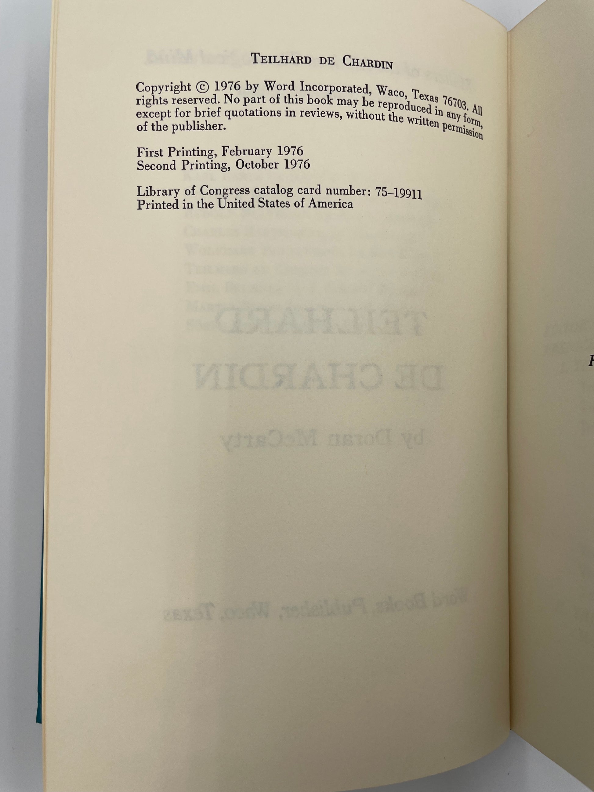 Publisher info page from book 'Teilhard de Chardin'.