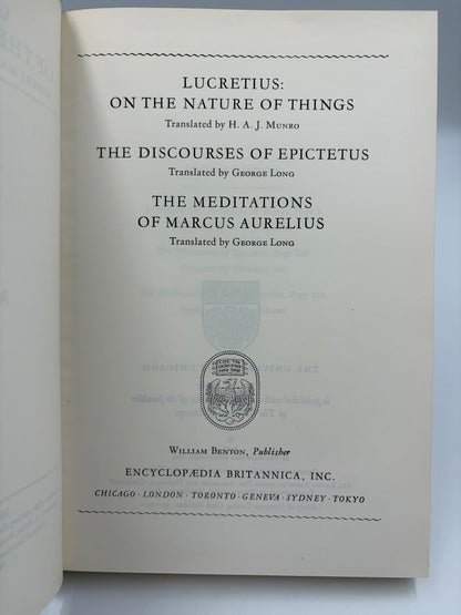 Title page of a printed edition for 'Lucretius: On the Nature of Things' and 'The Discourses of Epictetus' plus publisher text at the bottom.
