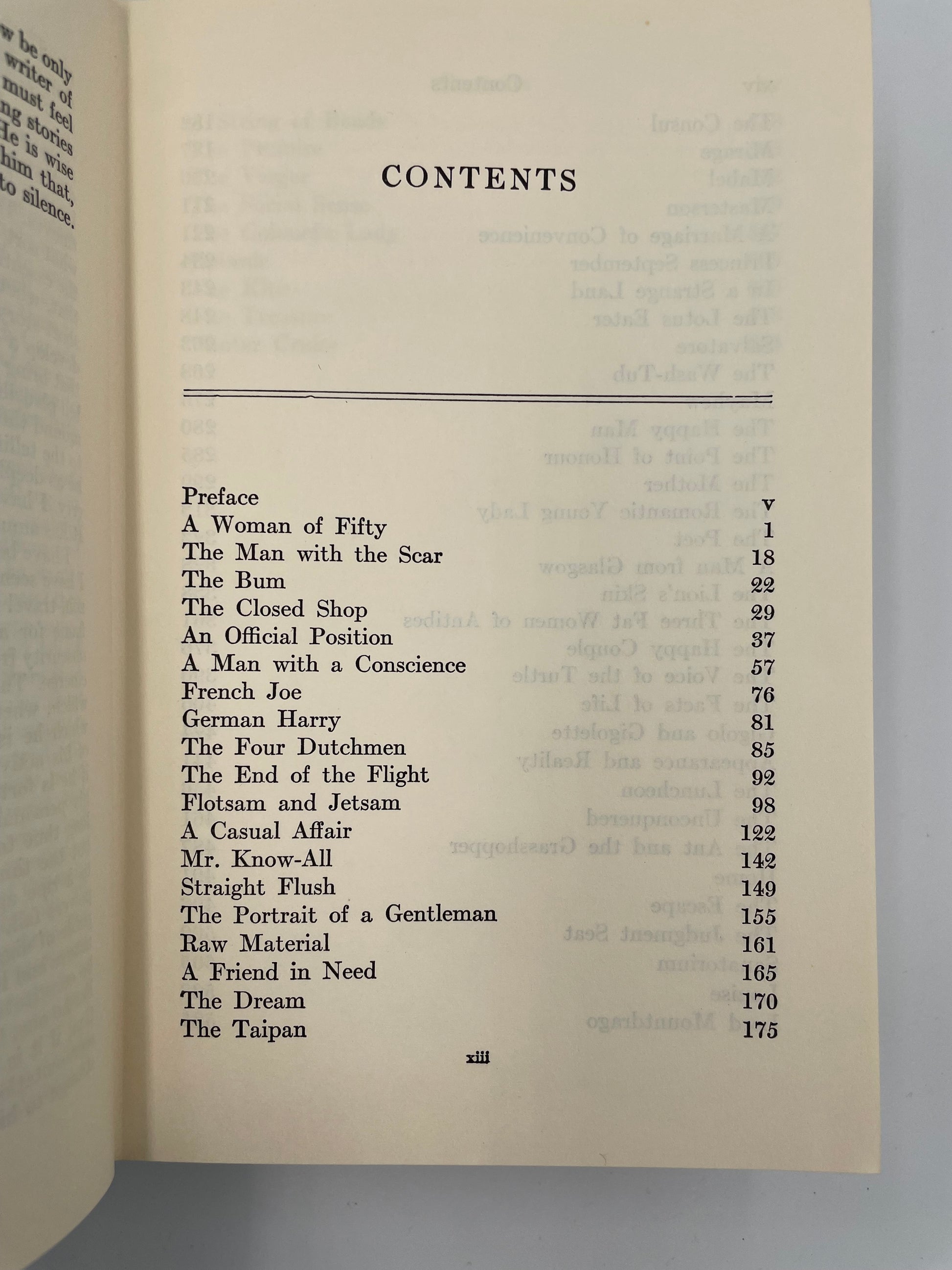 Contents page from, 'The Complete Short Stories of W. Somerset Maugham Volume 2 – The World Order'. 