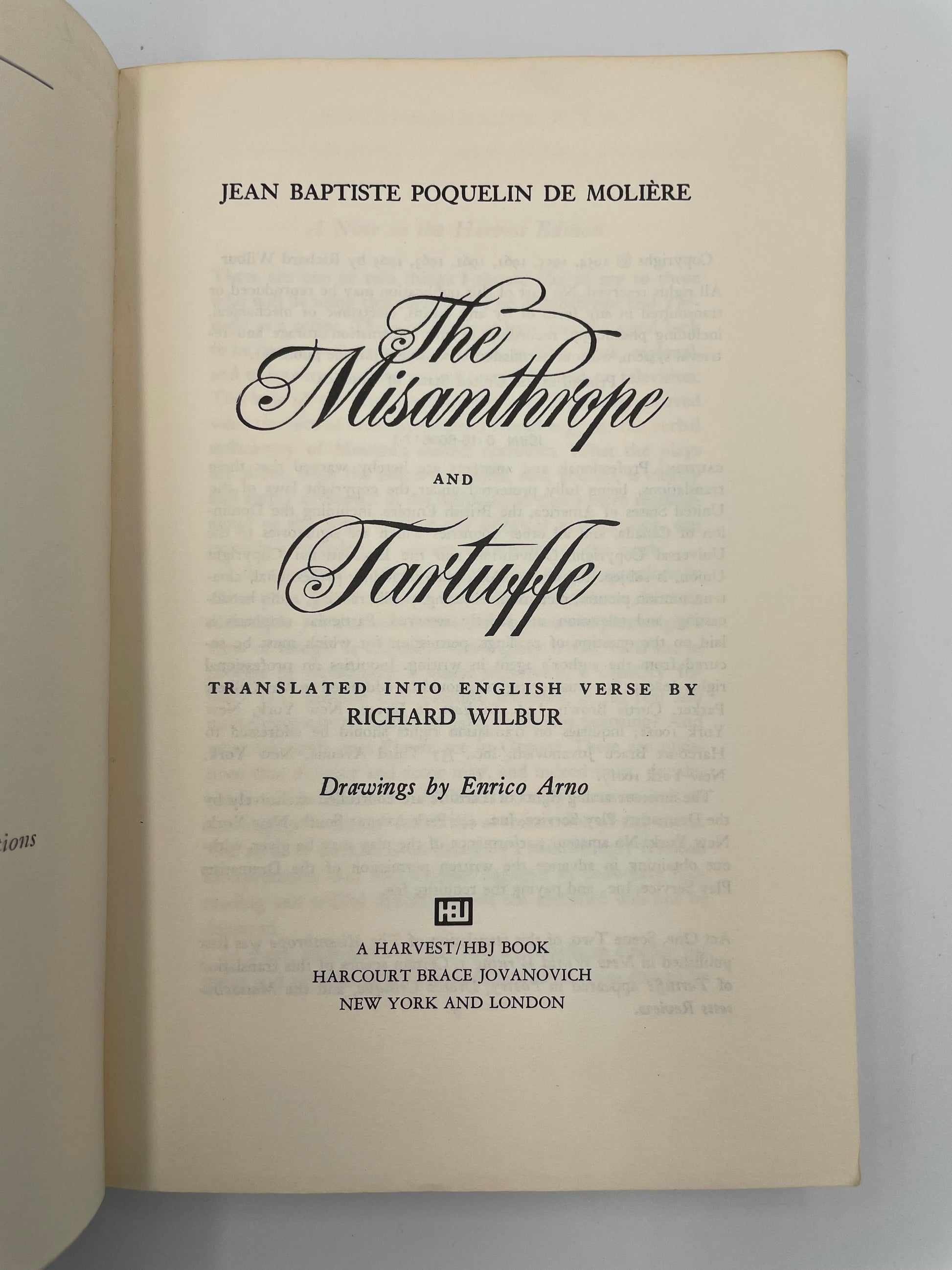 Title page of 'The Misanthrope and Tartuffe' by Jean Baptiste Poquelin de Molire with title and author details.