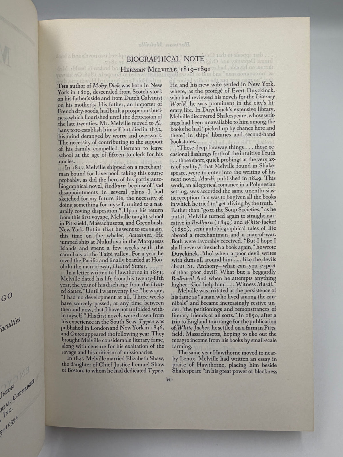 Biographical note page from ‘Moby-Dick; or, The Whale’ by Herman Melville.