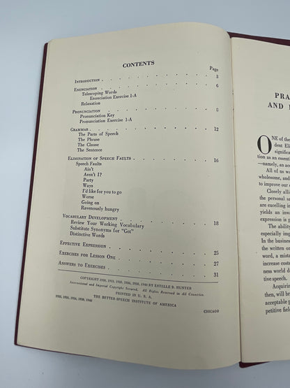 Contents page from "A New Self-Teaching Course in Practical English and Effective Speech" by Estelle B. Hunter