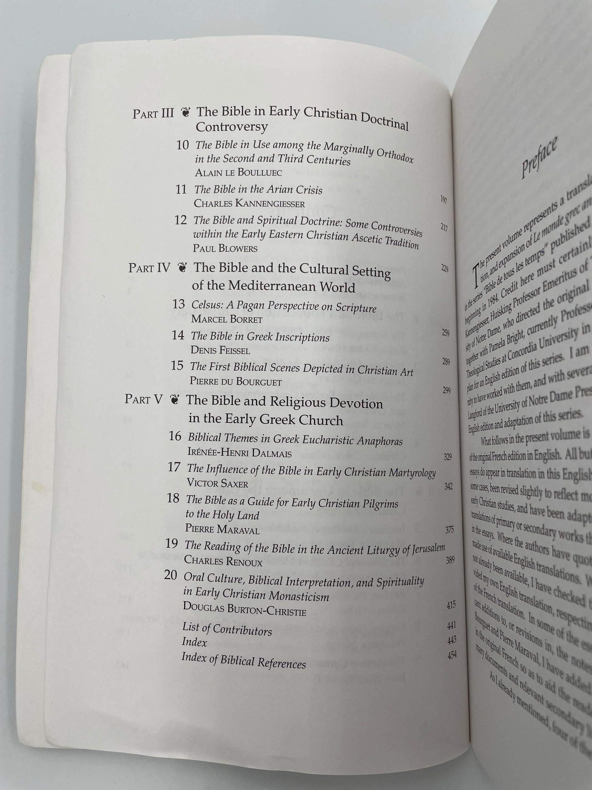 Table of contents page continued from 'The Bible in Greek Christian Antiquity'.