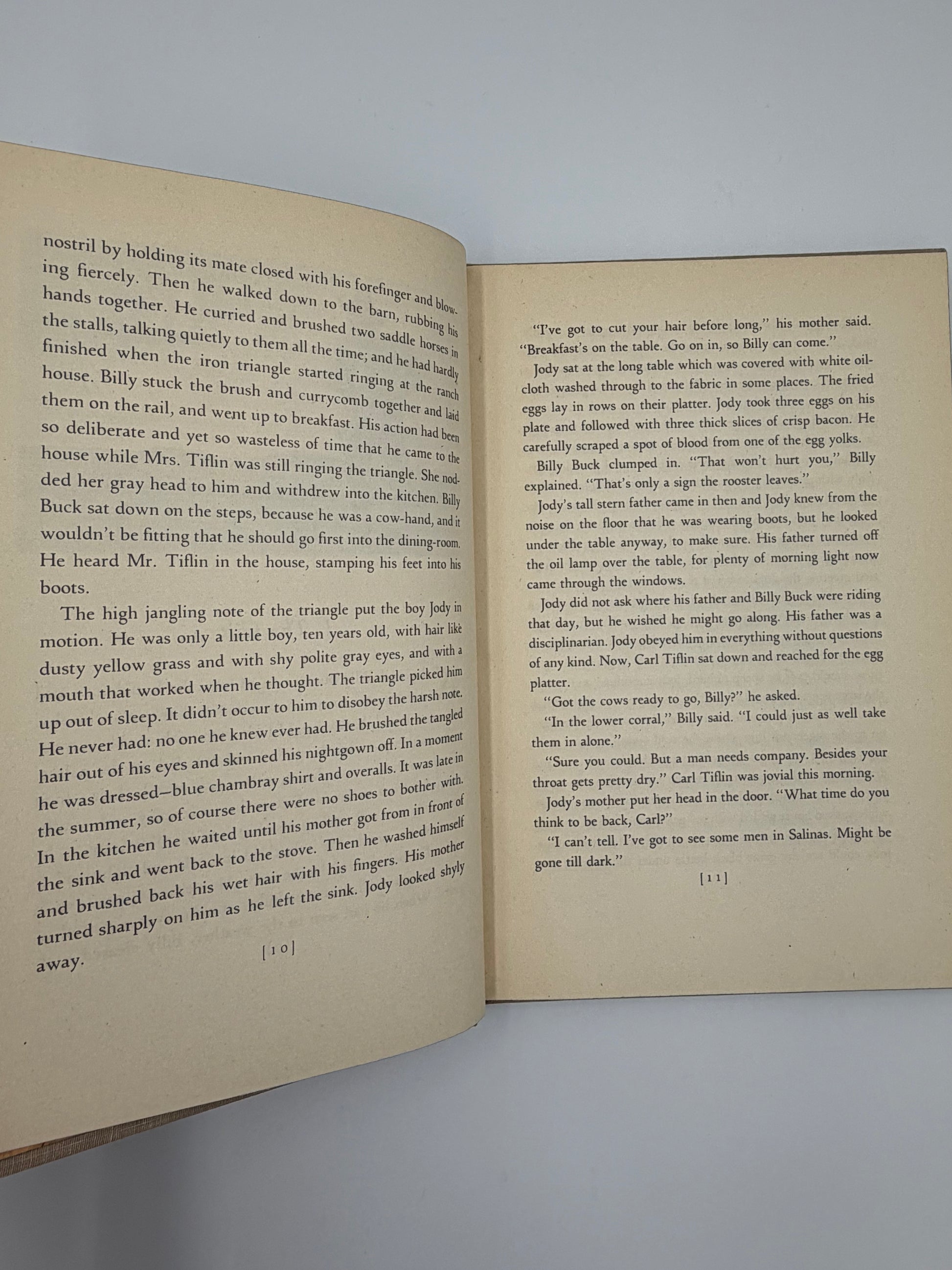 Page 10 and 11 from the book, 'The Red Pony' by John Steinbeck. 1945 Viking edition. 