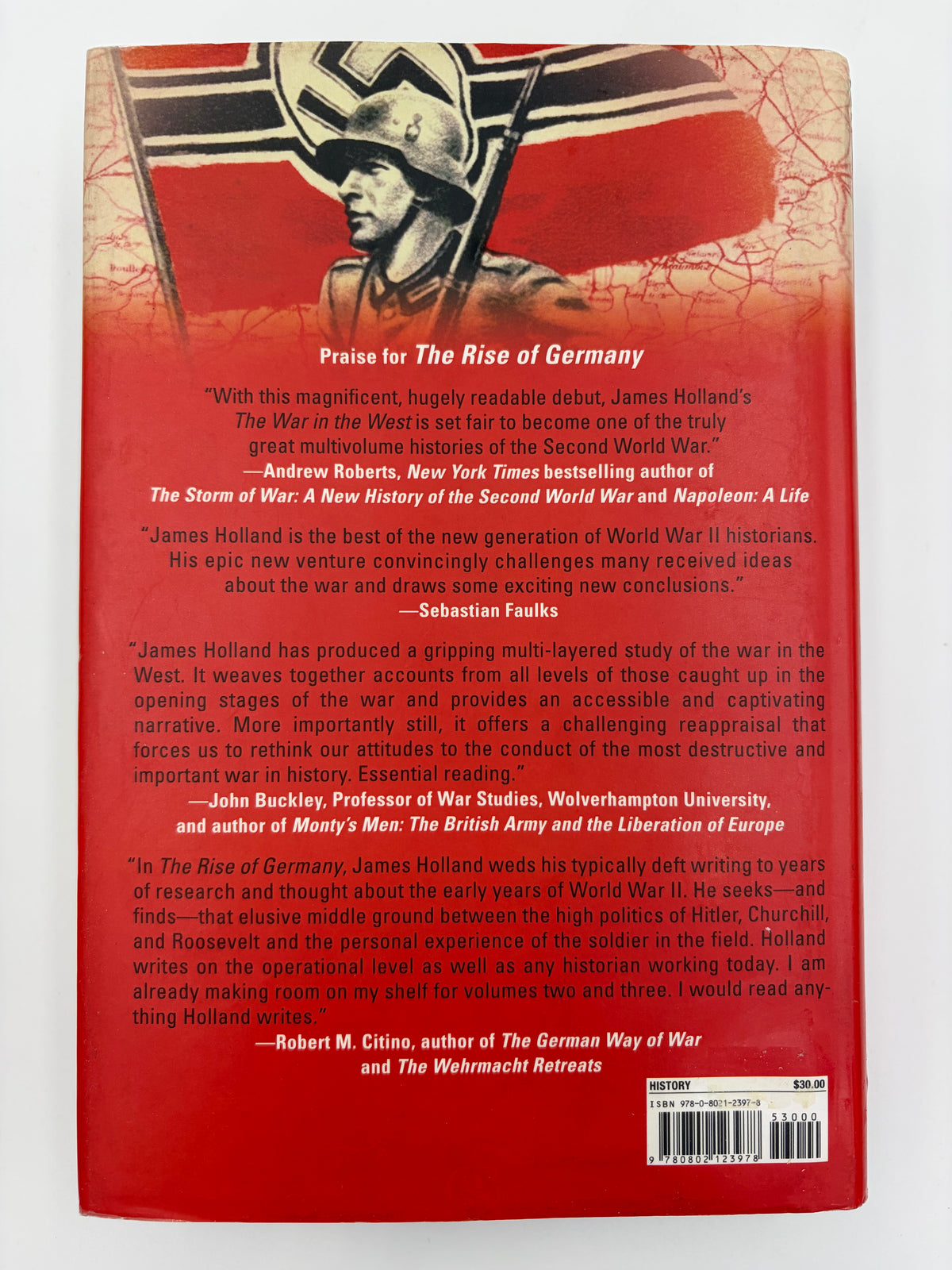 Back book cover of 'The Rise of Germany 1939-1941  The war in the West' featuring a textured red background with white and black text reviews.