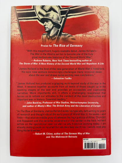Back book cover of 'The Rise of Germany 1939-1941  The war in the West' featuring a textured red background with white and black text reviews.