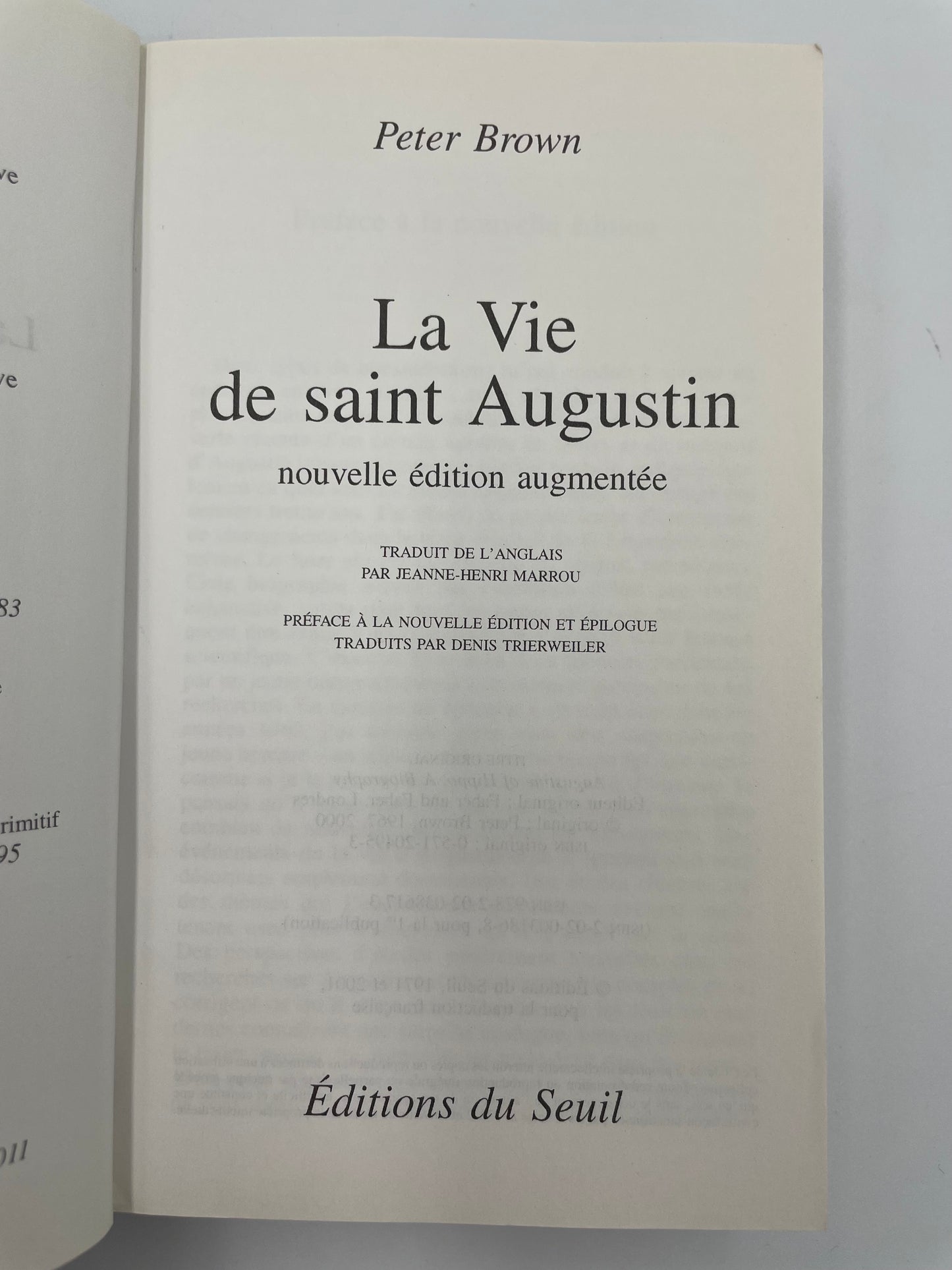Title page of 'La Vie de saint Augustin' by Peter Brown with text on a white background