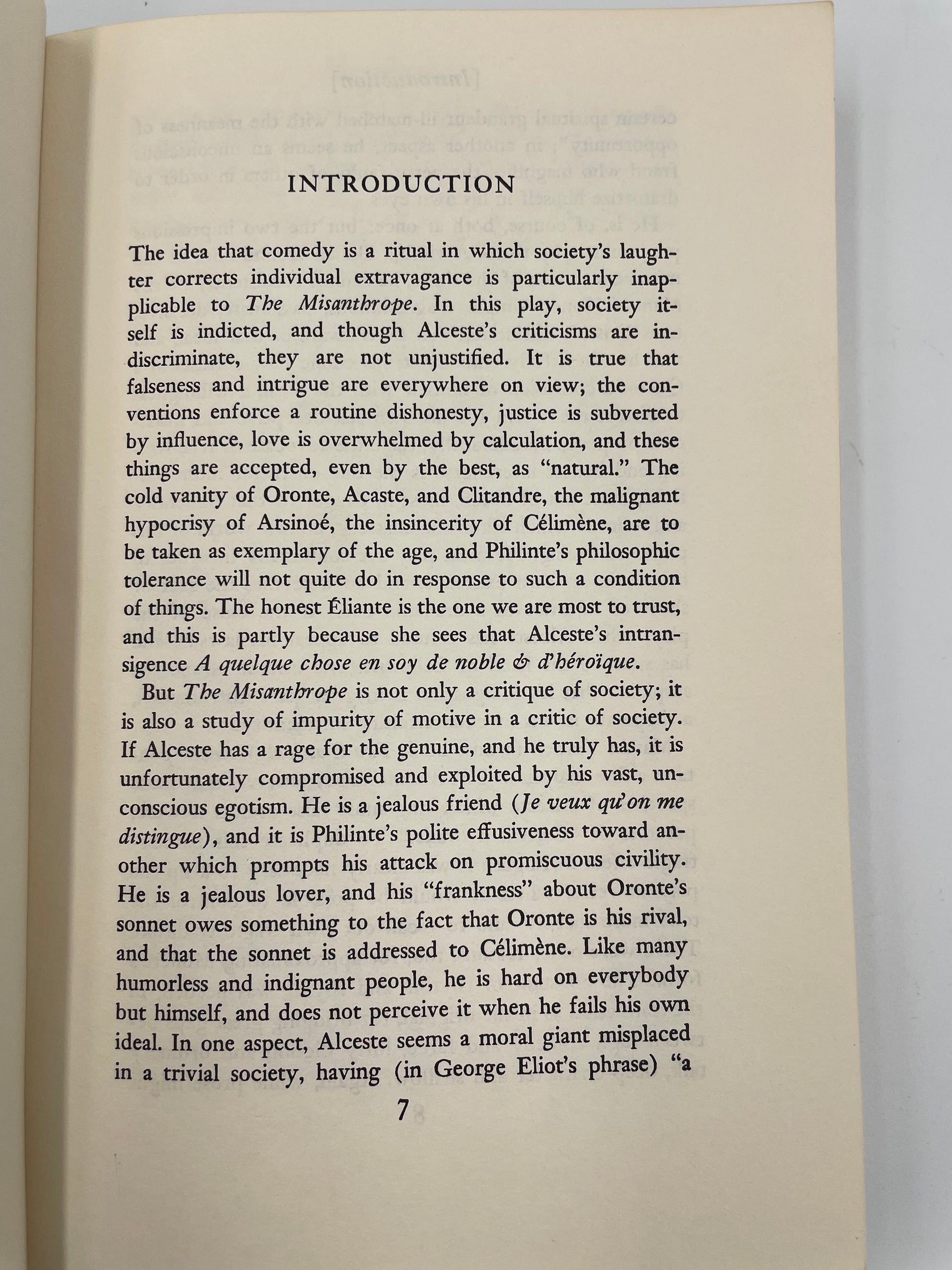 Introduction page with text on a plain background from ‘Molière: The Misanthrope and Tartuffe’.
